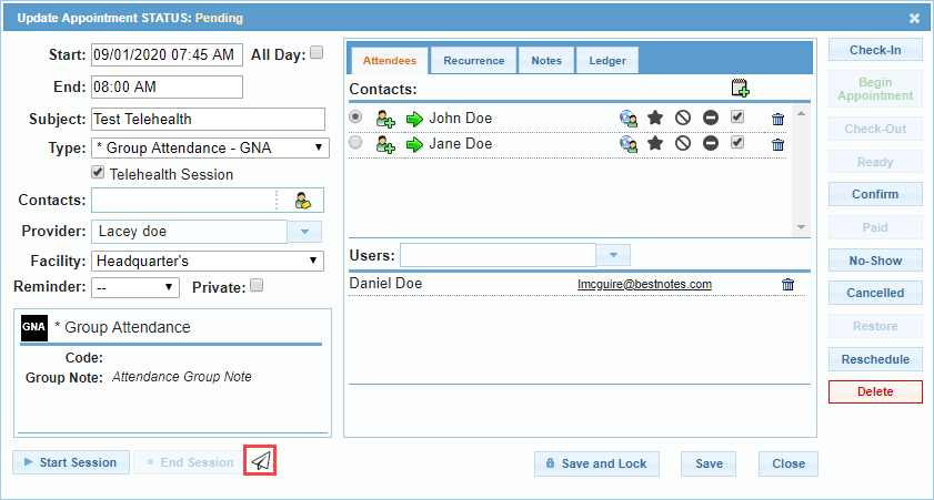 Screenshot highlighting the paper airplane icon after reopening the appointment.