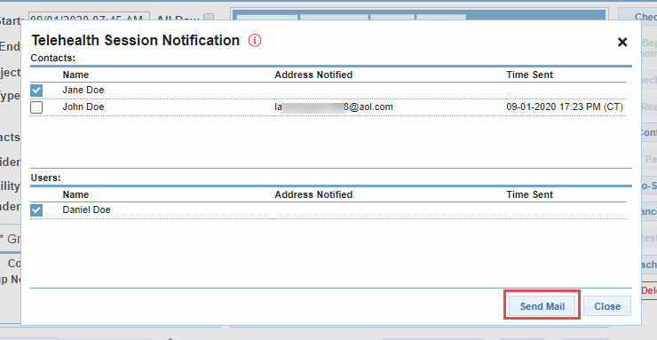 Screenshot showing the 'Send Mail' button for new participants.