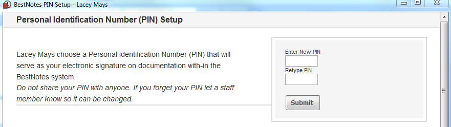 Client PIN setup screen