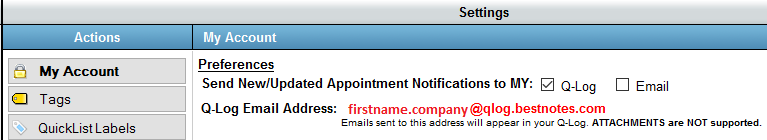 Screenshot showing Q-Log Email Address in Settings