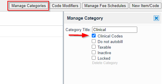 Screenshot showing the Clinical Codes checkbox.