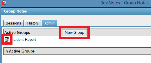 Admin tab with New Group and notepad icons
