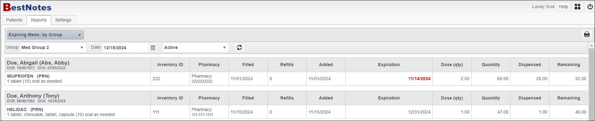 Expiring Meds report results