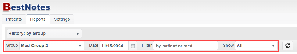 History by Group report filters
