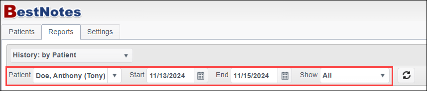 History by Patient report filters