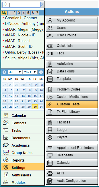 Screenshot of Custom Tests area