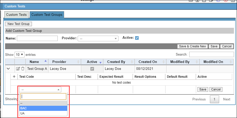 Screenshot of Custom Tests dropdown