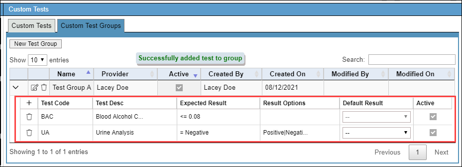 Screenshot of multiple tests added to a group