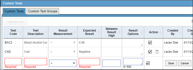 Custom test fields and definitions