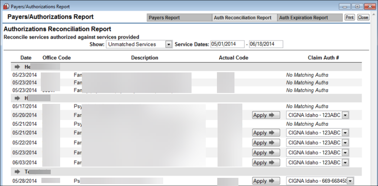 Authorizations Reconciliation Report options