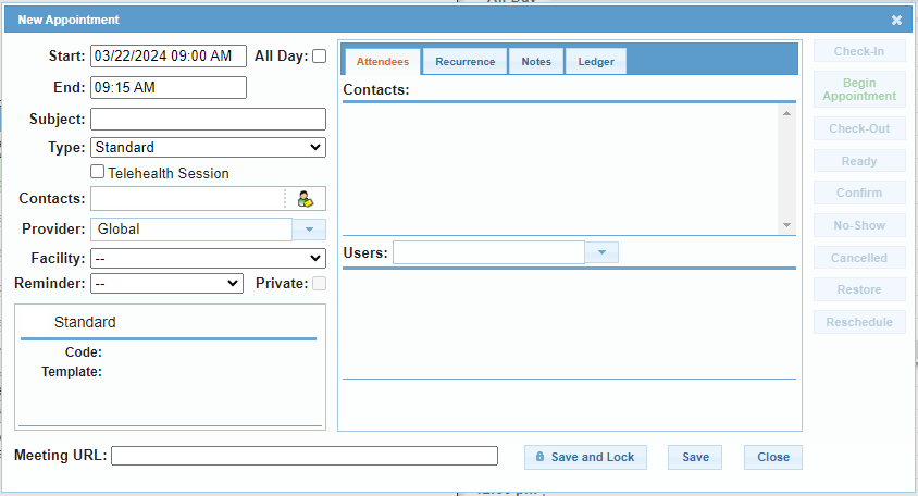 Screenshot showing the Ledger tab in a calendar appointment.