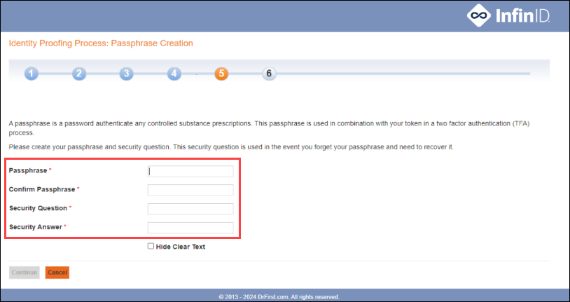 Passphrase and security question fields