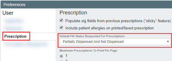 Screenshot showing the Default Fill Status Requested For Prescriptions setting
