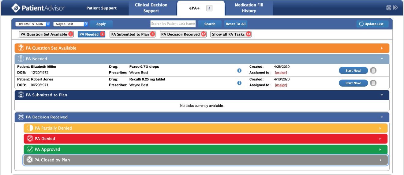 Prior Authorization tasks sections