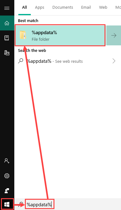 Screenshot showing the Start menu search bar with %appdata% typed in and the %appdata% folder selected.