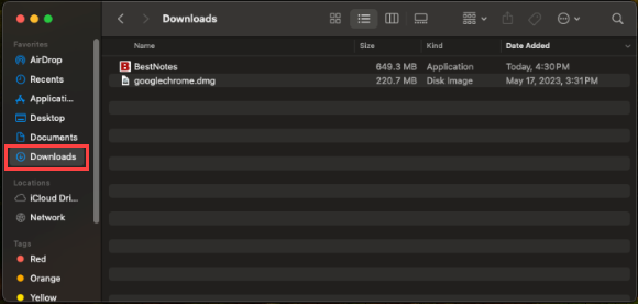 Screenshot showing navigation to the Downloads folder in Finder