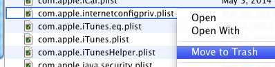 Screenshot showing 'com.apple.internetconfig.plist' file selected