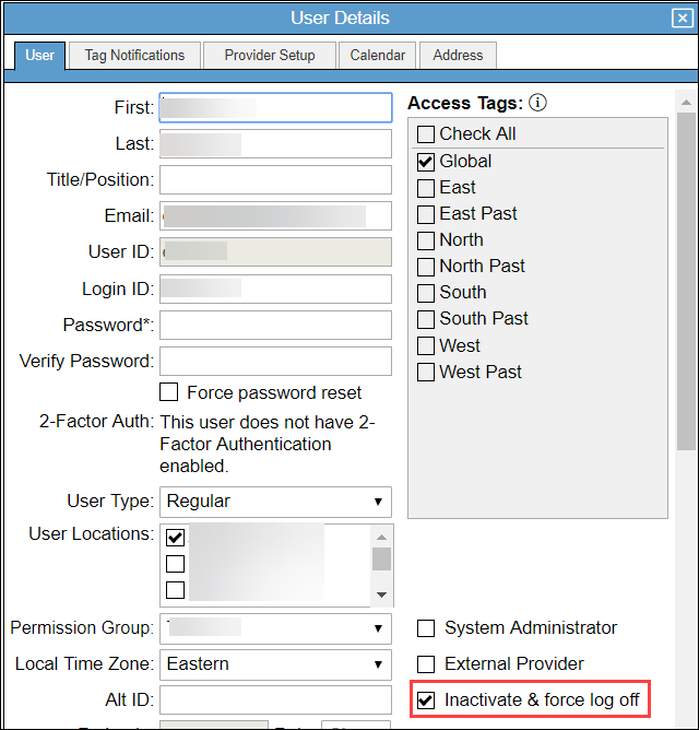 User Details window with Inactivate & force log off checkbox