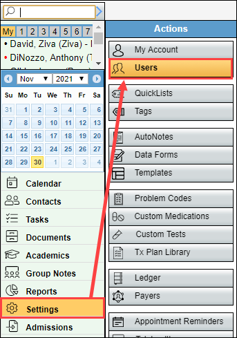 Settings and Users options highlighted