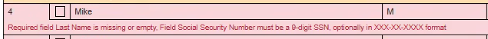 Screenshot showing invalid fields not importing