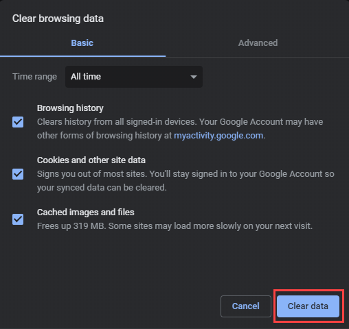 Screenshot showing 'Clear data' button in Chrome.
