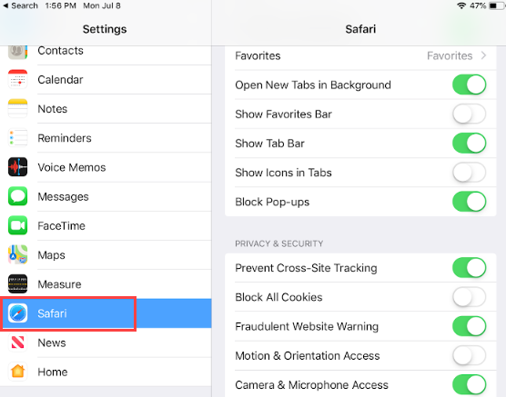 Screenshot showing Safari option in iOS Settings.