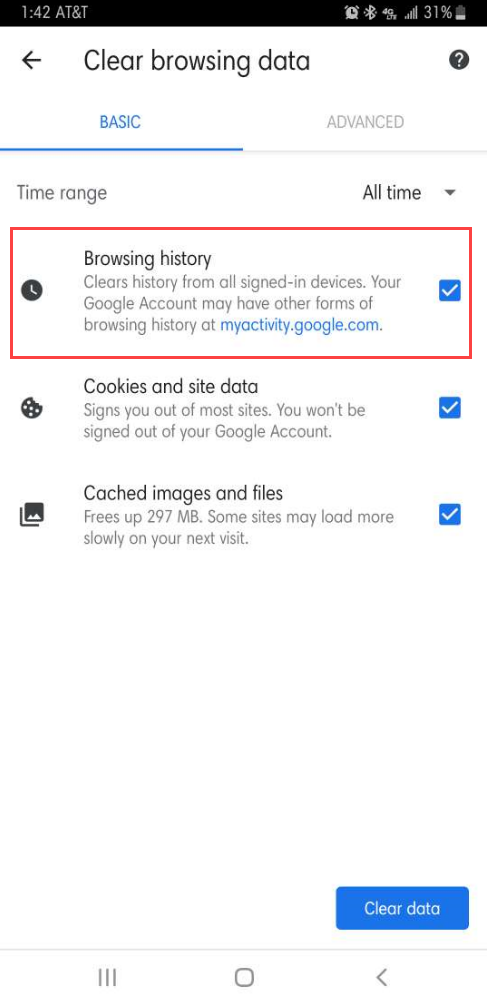 Screenshot showing 'Browsing history' checkbox on Android.