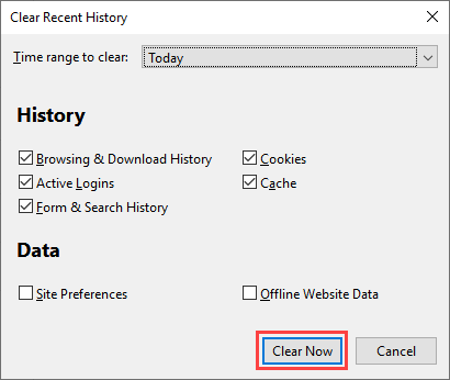 Screenshot showing 'Clear Now' button in Firefox.