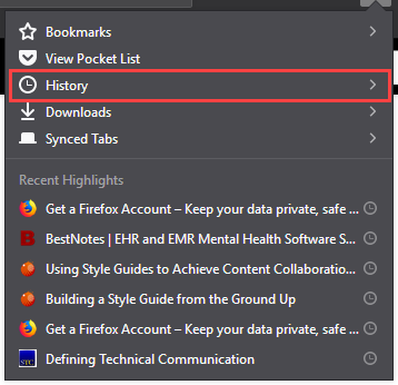 Screenshot showing History option in Firefox.