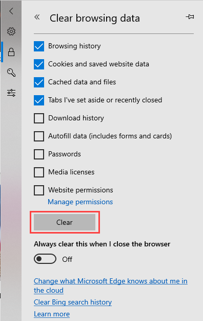 Screenshot showing 'Clear' button in Microsoft Edge.