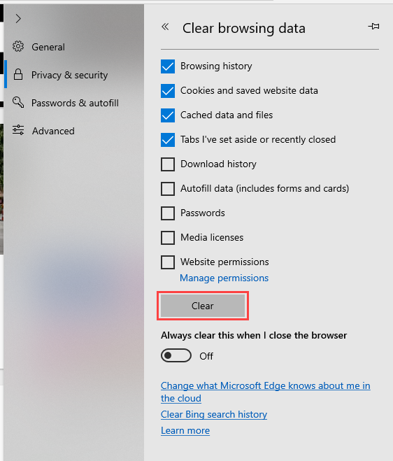 Screenshot showing 'Clear' button in Microsoft Edge.
