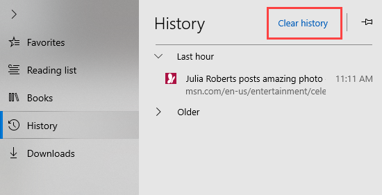 Screenshot showing 'Clear history' option in Microsoft Edge.