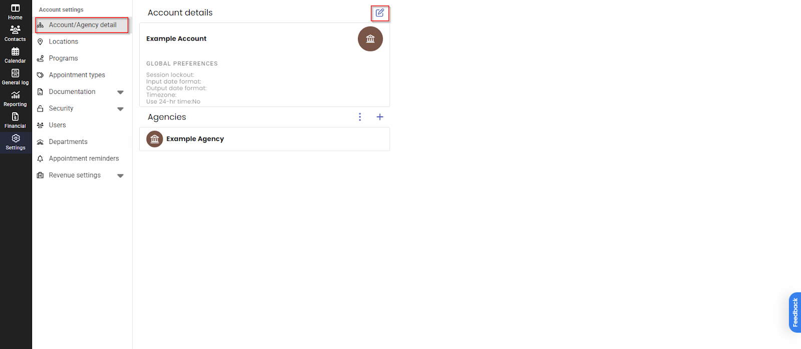 Account/Agency Detail tab with edit icon highlighted
