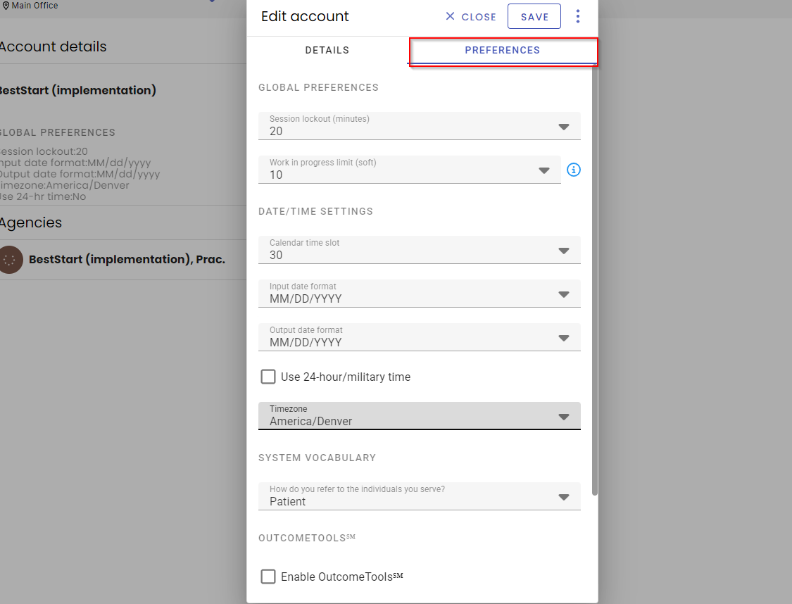 Edit Account window showing Preferences tab