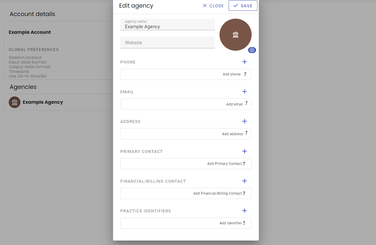 Agency details screen with Practice Identifiers section