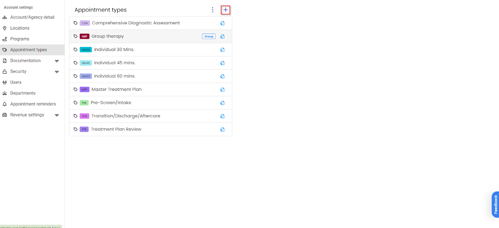 Appointment Types list with Plus icon highlighted