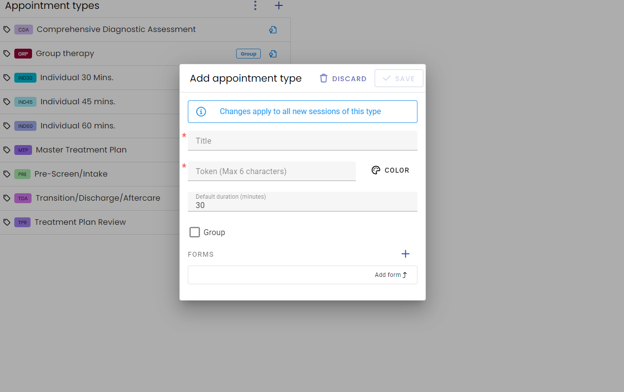 Add/Edit Appointment Type screen
