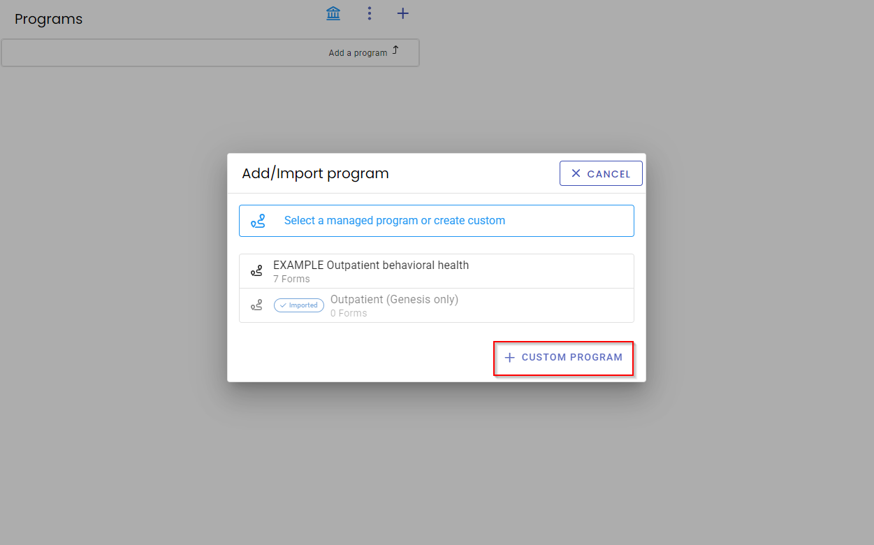 New Program screen with Custom Program option