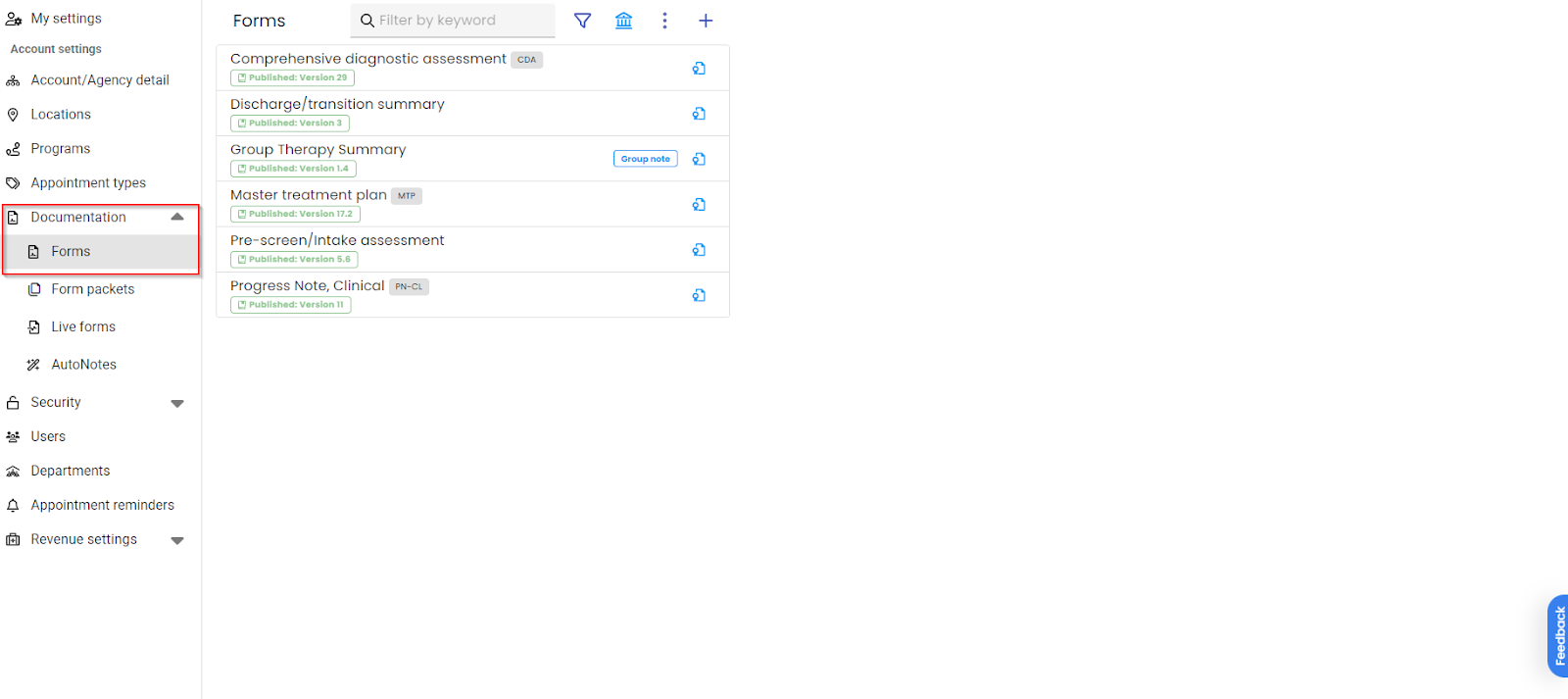 Forms tab in Documentation settings