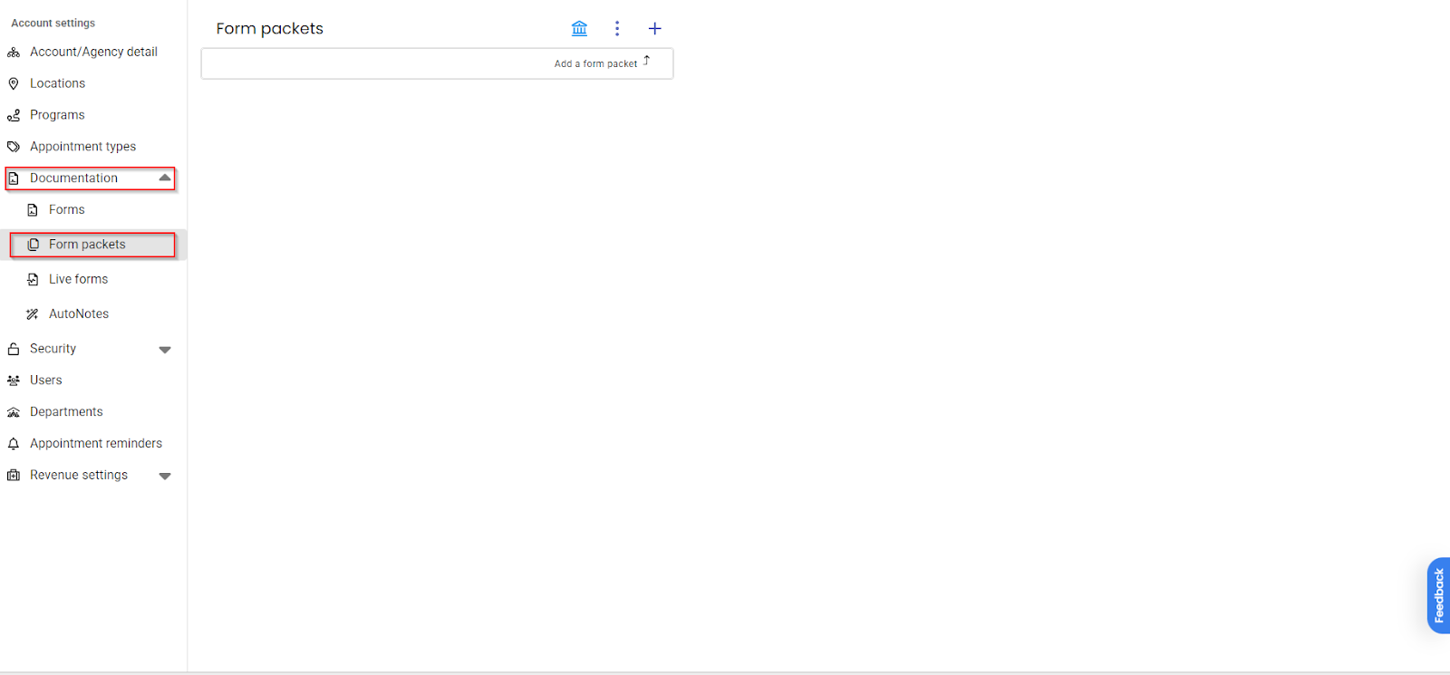 Form Packets tab in Documentation settings