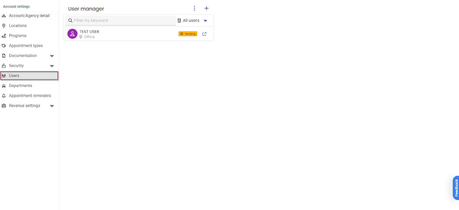 Users tab in Settings