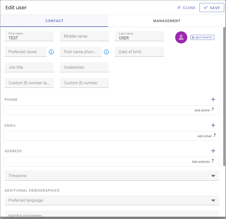 Edit User Contact tab