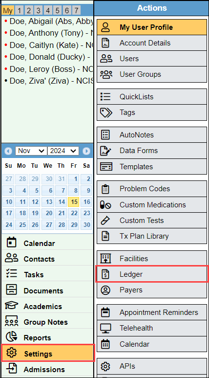 Screenshot showing Settings menu with Ledger selected.