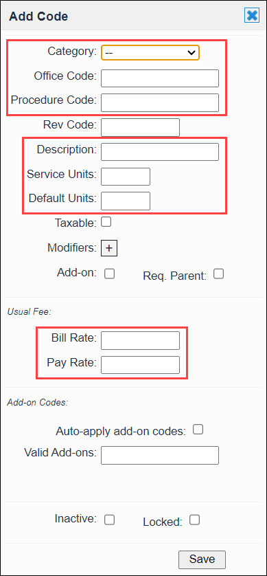 Screenshot showing required fields for a new item/code.