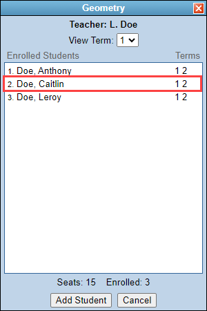 Student's name selected