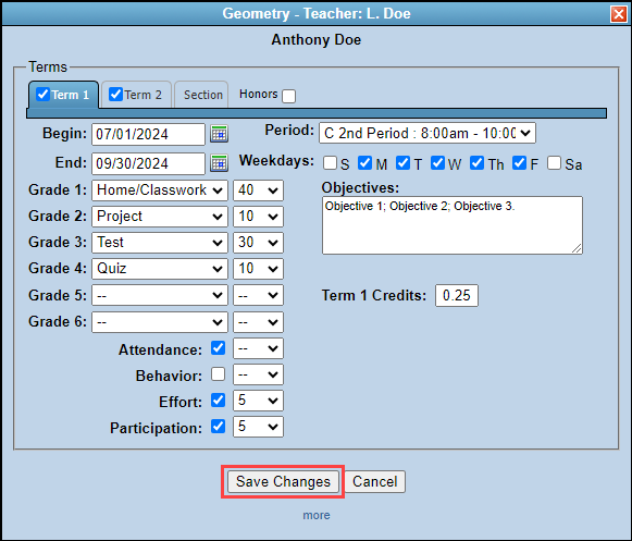 Save Changes button