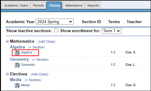 Class selected for update