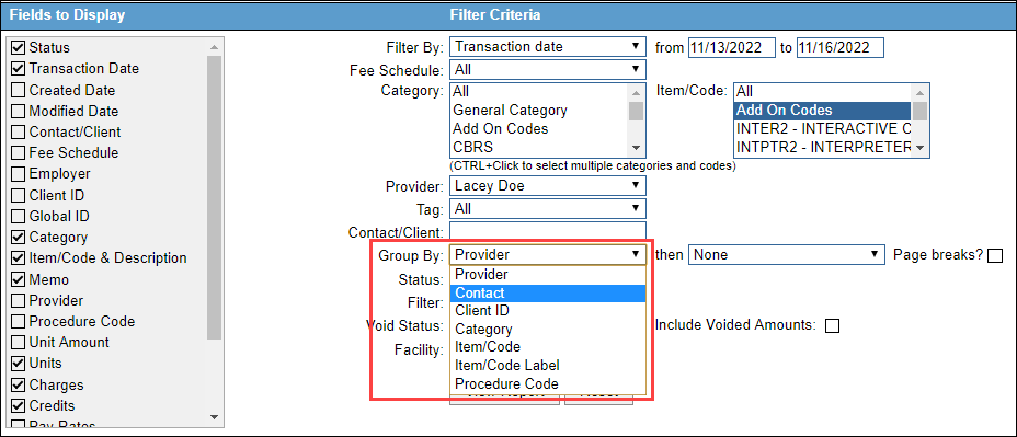 Group by Contact option