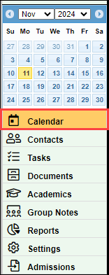 Calendar menu selection