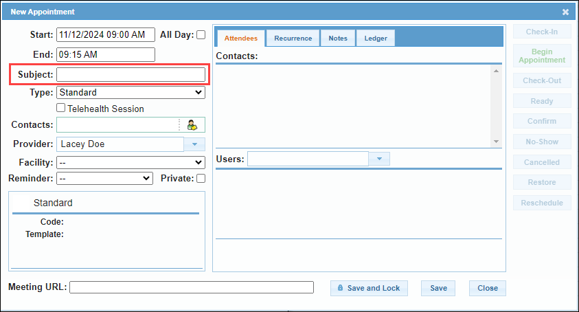 Entering appointment subject
